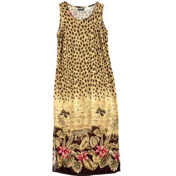 Caribou New York Leopard & Jungle Print Rayon Sleeveless Slip Maxi Dress Size S - Picture 1 of 9
